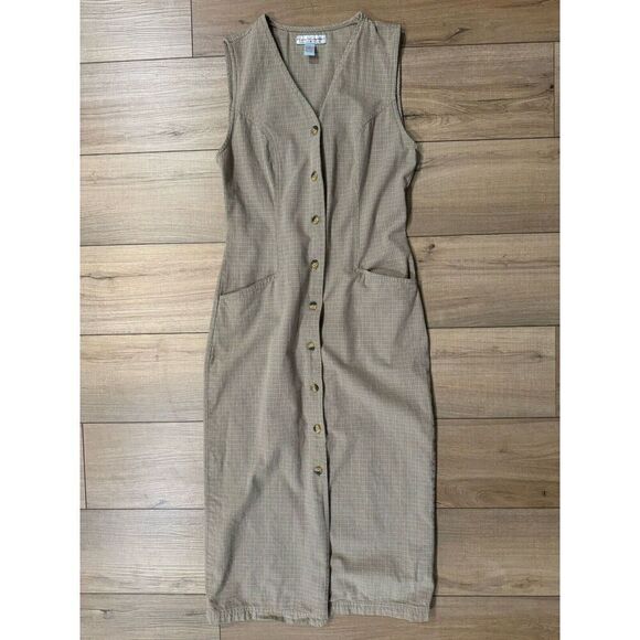 Vintage 80's Retro Gloria Vanderbilt Midi Button Front Tan Dress S Small Womens - Picture 3 of 7